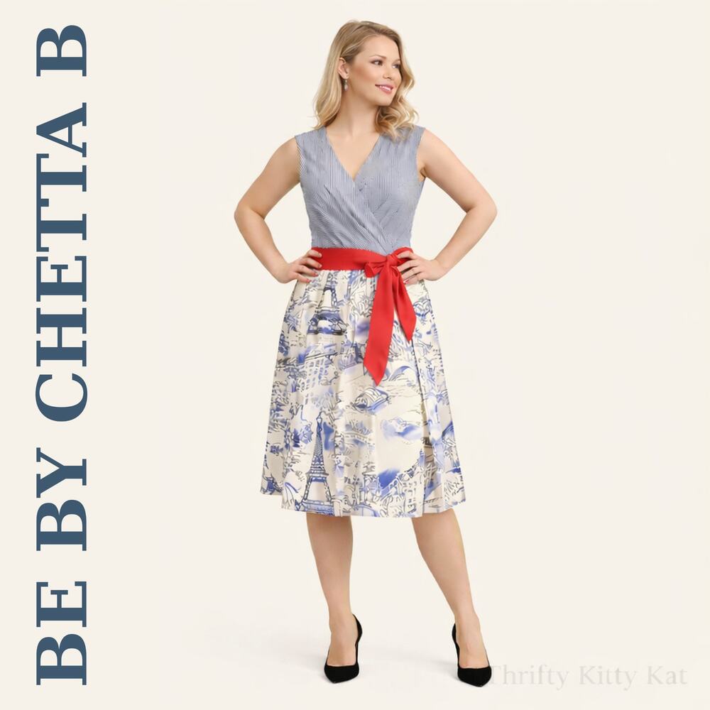 Be‎ By Chetta B Sleeveless Surplice Midi Dress Red Sash Paris Toile Pinstripe 14